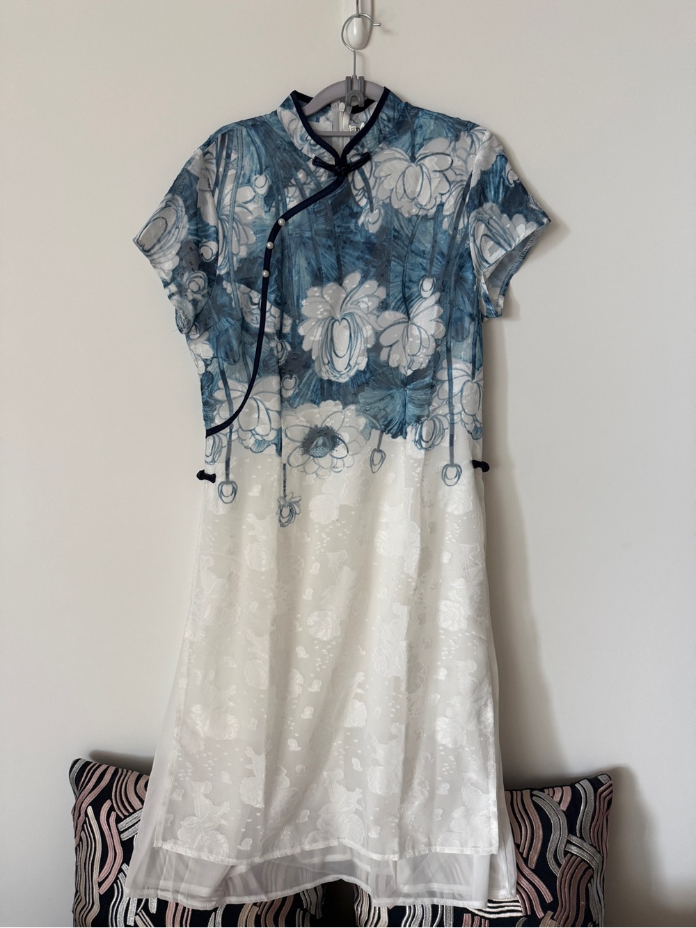 Blue Floral & White Overlay Qi Pao or Cheong Sam Dress